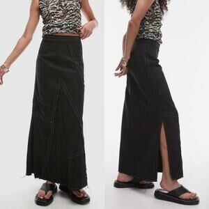 Topshop Asos Raw Edge Maxi Skirt Black Twill Topstitch Sz 10 Frayed Cotton Zip